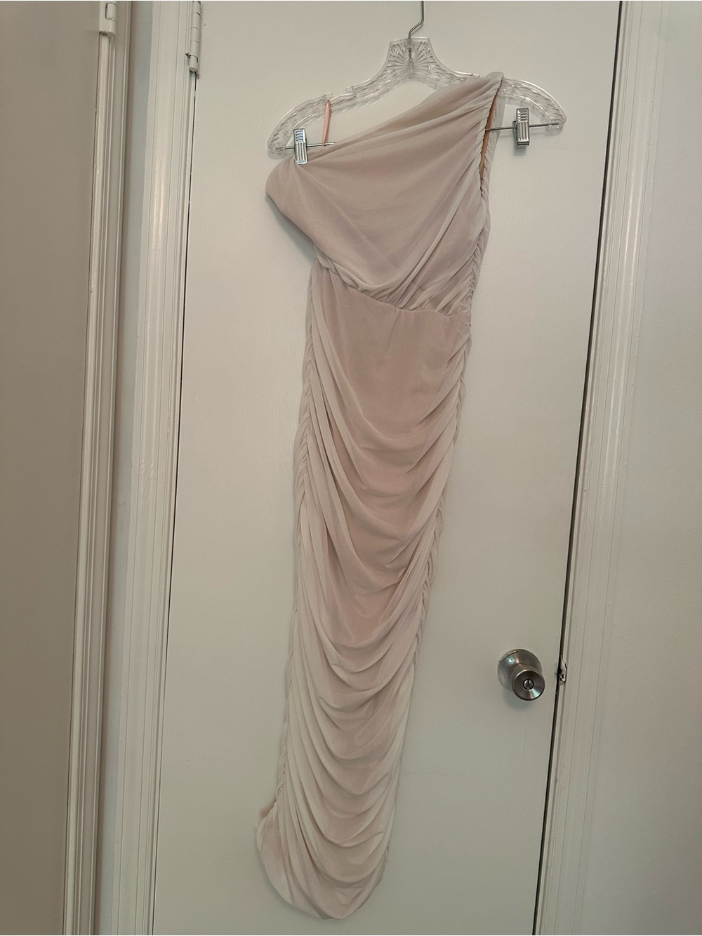 One-Shoulder Ruched Evening Gown in Blush